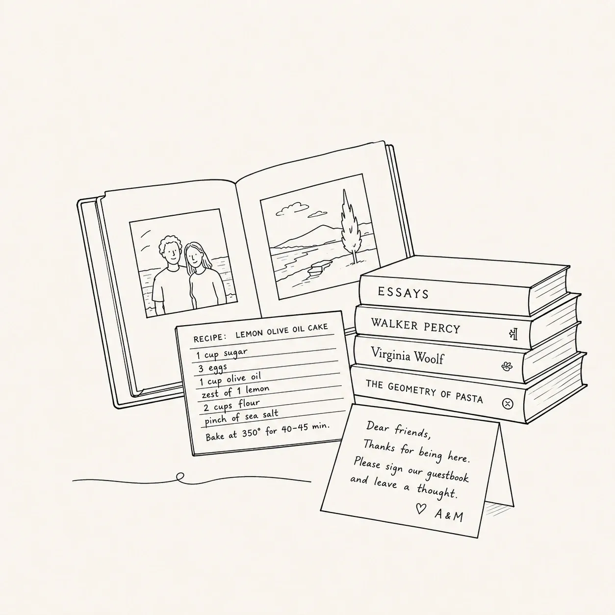 Line drawing of an open photo album, a handwritten lemon olive oil cake recipe card, a stack of books labelled Essays, Walker Percy, Virginia Woolf and The Geometry of Pasta, and a folded guestbook card.